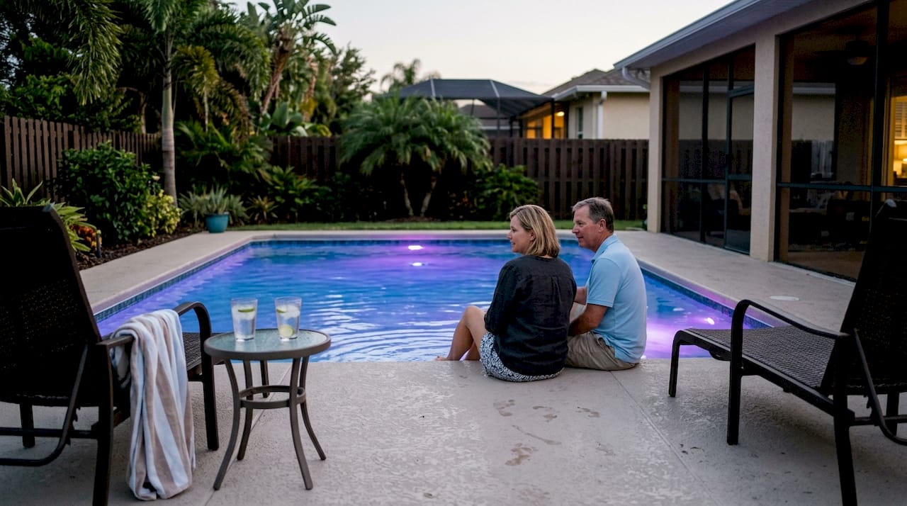 Couple relaxing by pool with LED lighting