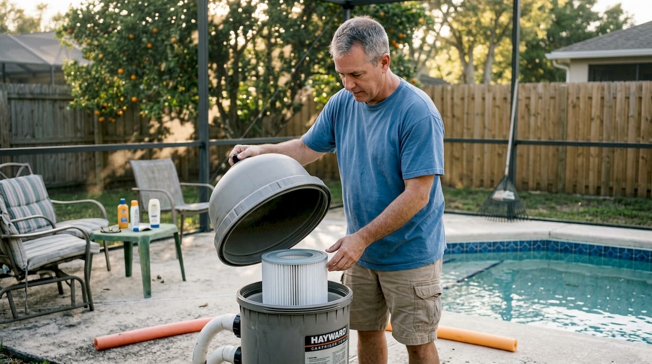 Homeowner inspecting pool filter in Florida yard