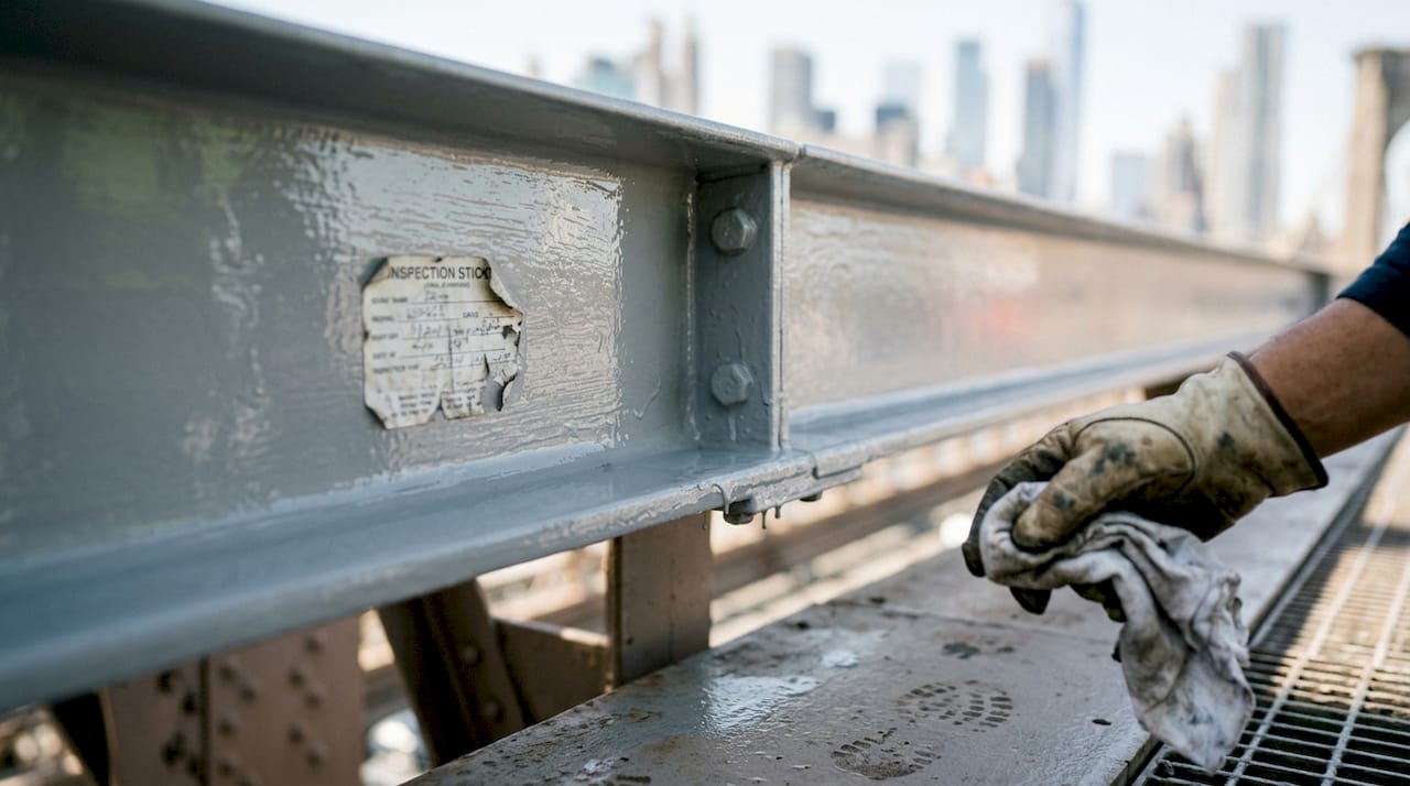 Freshly coated steel beam on urban bridge