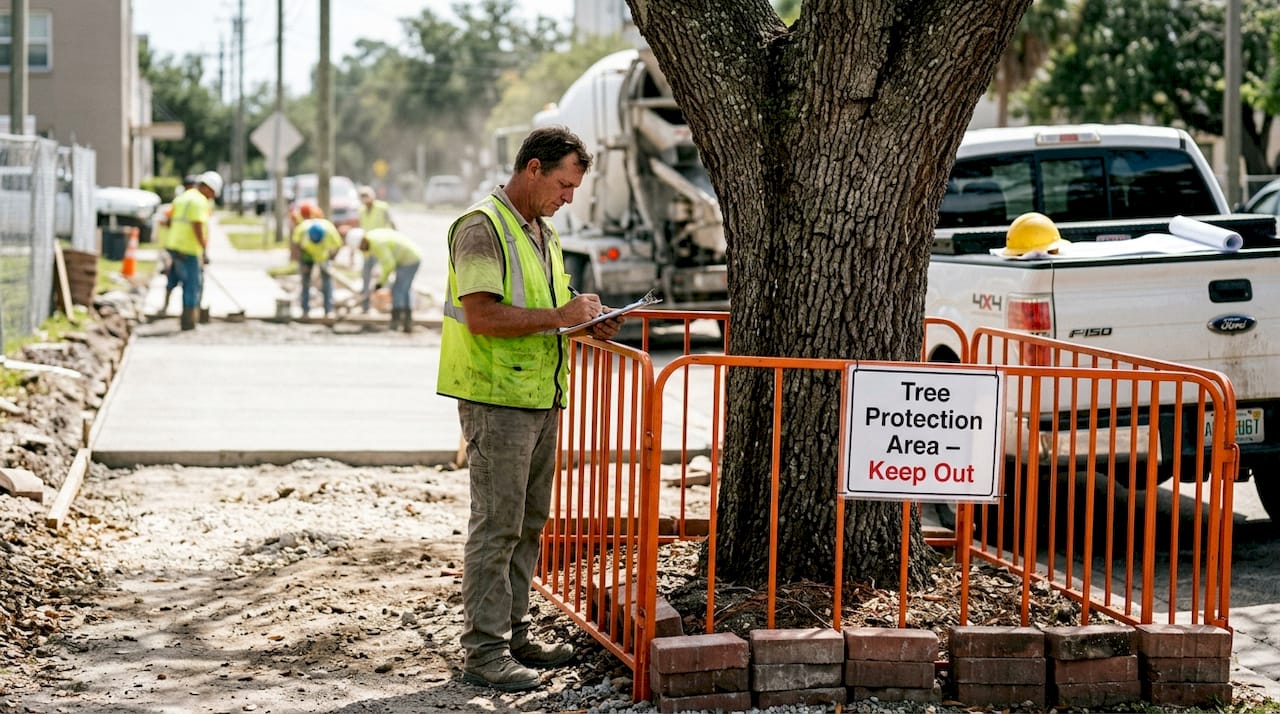Tree protected by barrier at city worksite
