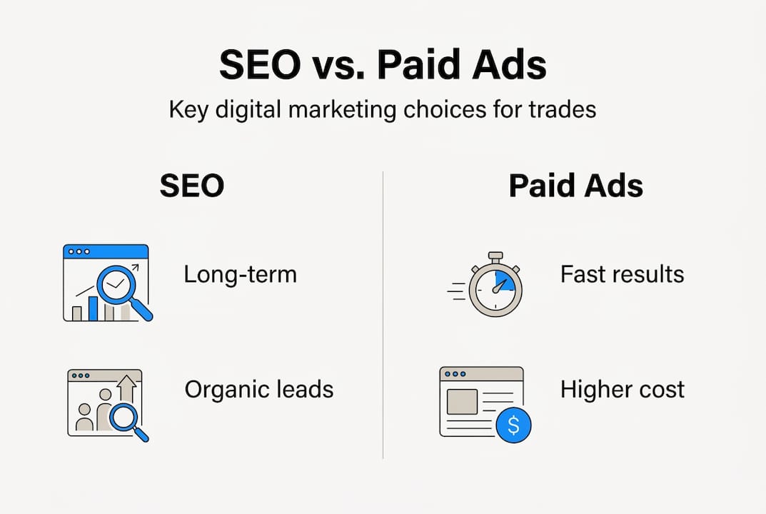 Infographic comparing SEO and paid ads for trades