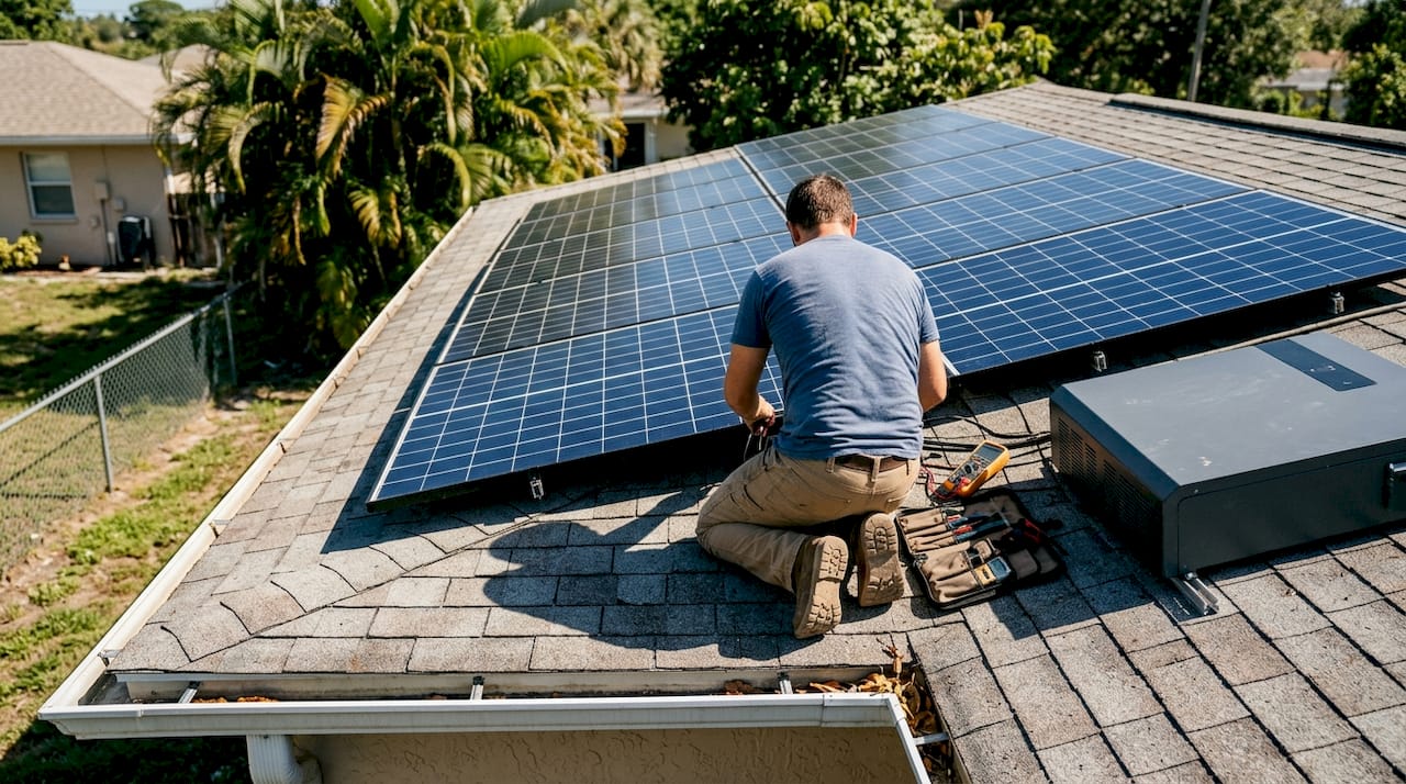 Understanding the role of batteries in solar for FL homes 2 Technician adjusting rooftop solar panels and battery