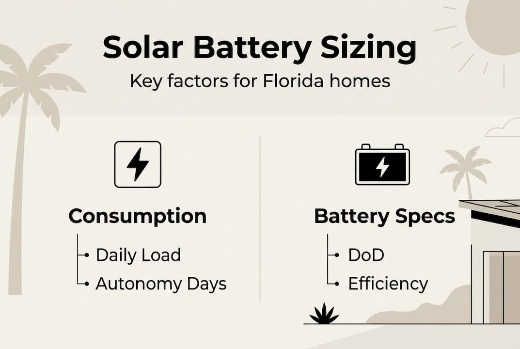Understanding the role of batteries in solar for FL homes 1 Infographic explaining solar battery sizing factors