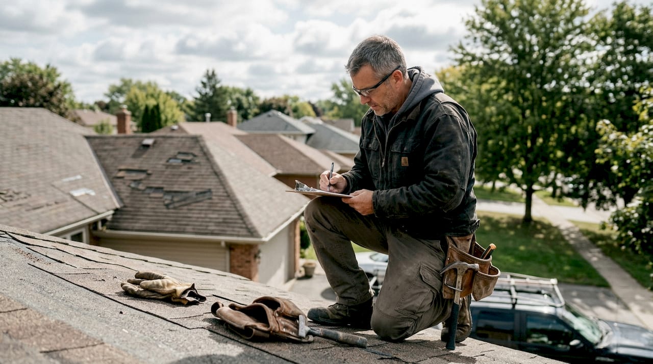 Roofer inspecting shingles for storm readiness