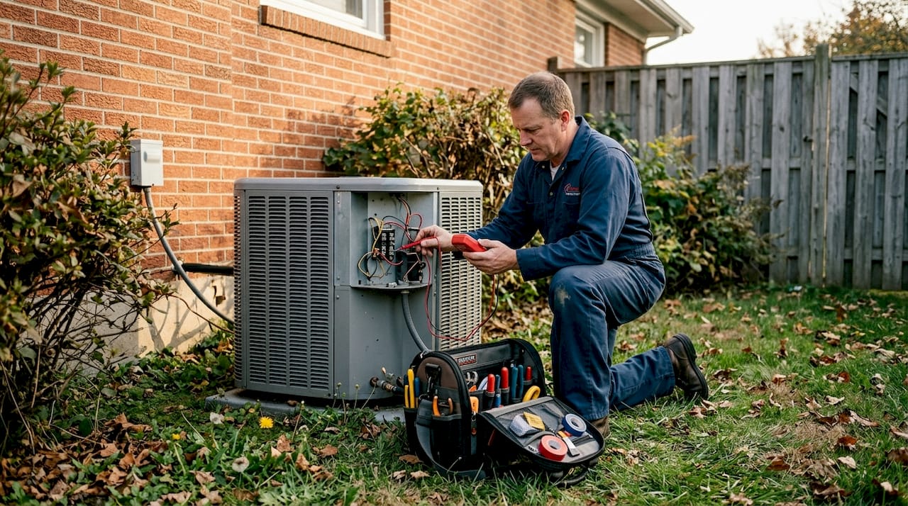 Technician inspecting outdoor heat pump unit