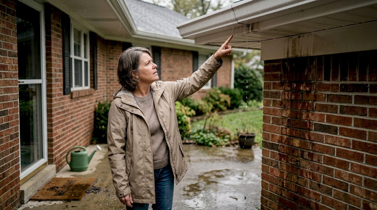 Woman points to leaking gutter during rain