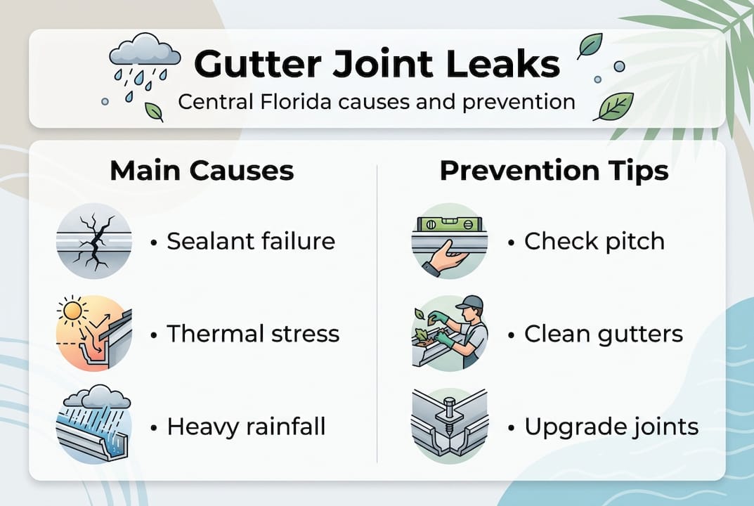 Infographic summarizing gutter joint leak causes and prevention