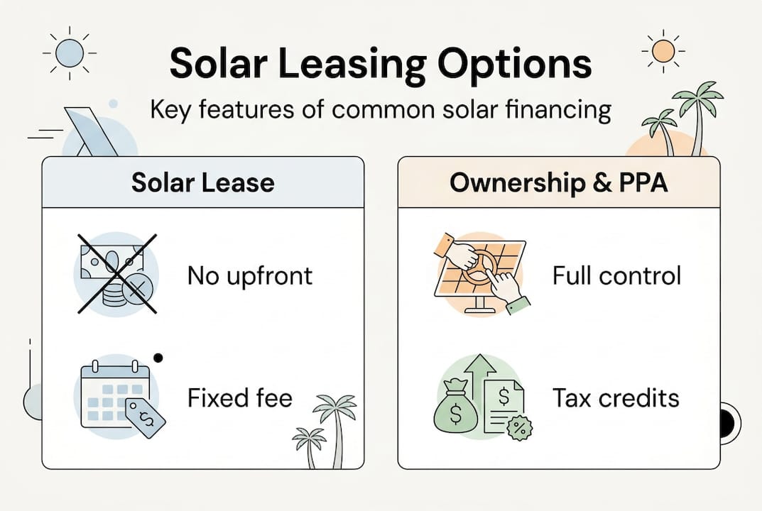 What is a solar lease: affordable solar for Florida homes 2 Infographic comparing solar lease, ownership, PPA options