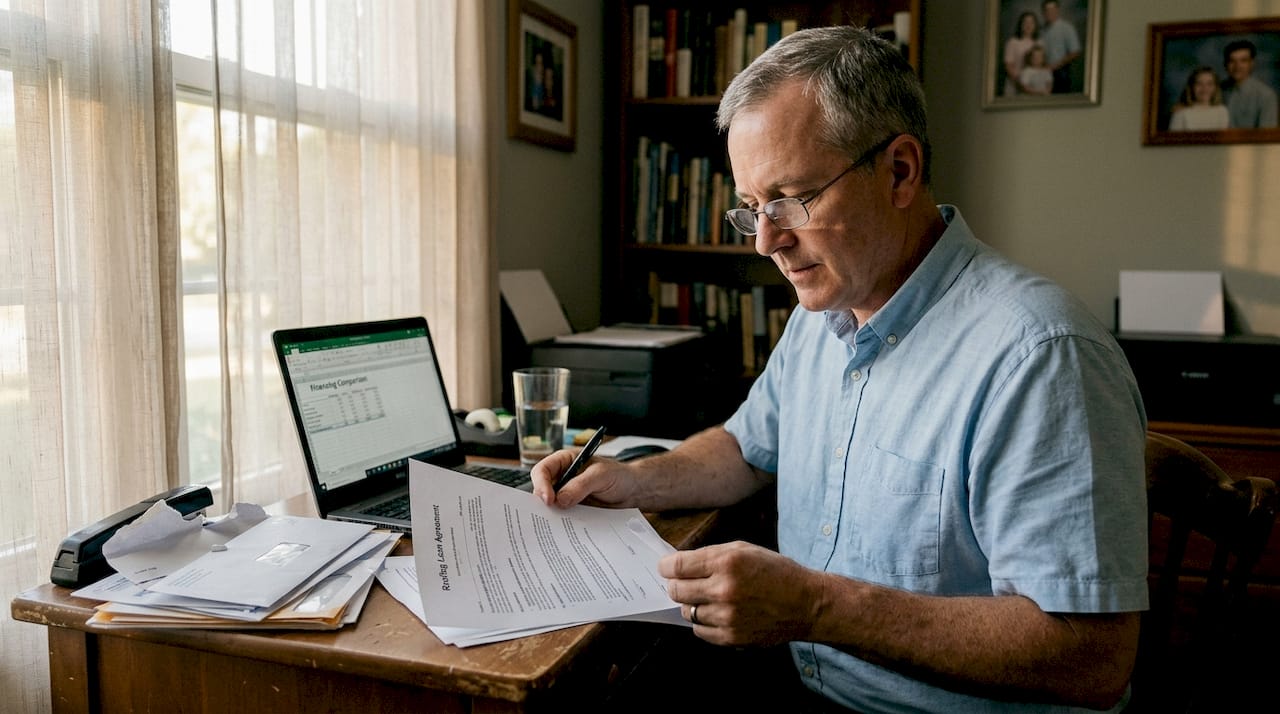 Man reviewing roofing loan paperwork at home