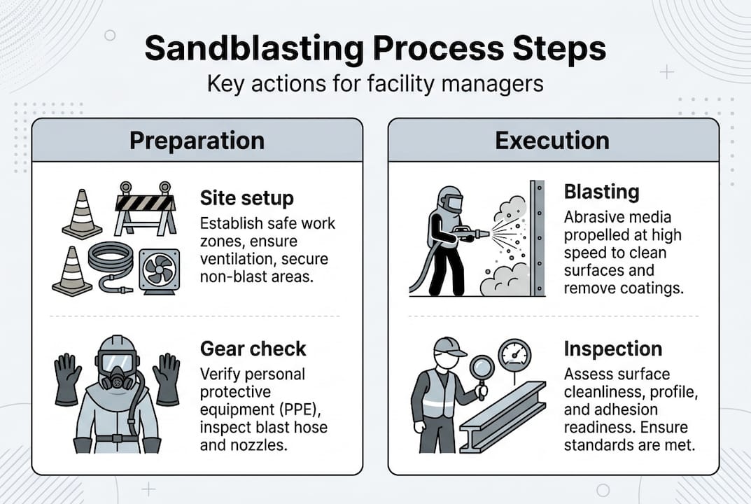 Infographic showing sandblasting process steps