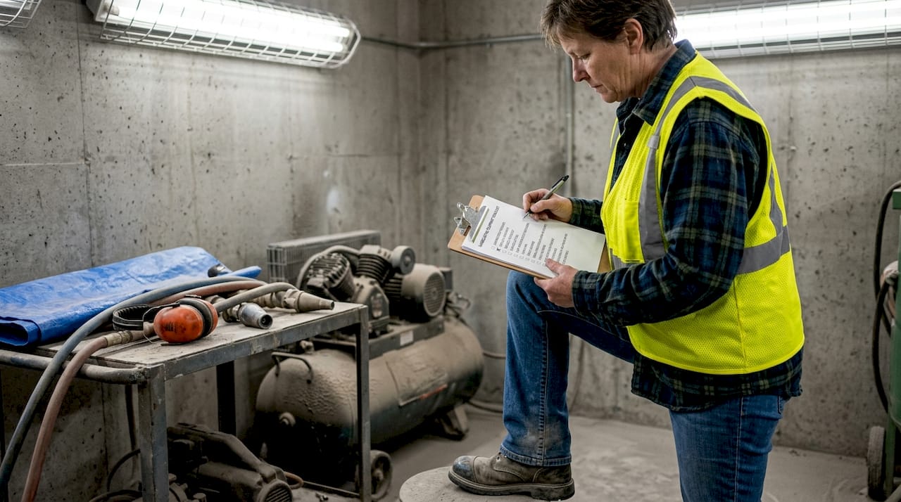 Facility manager checks sandblasting equipment prep