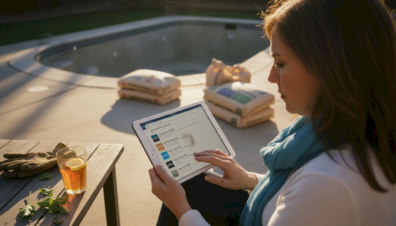 Homeowner searching pool builders on tablet