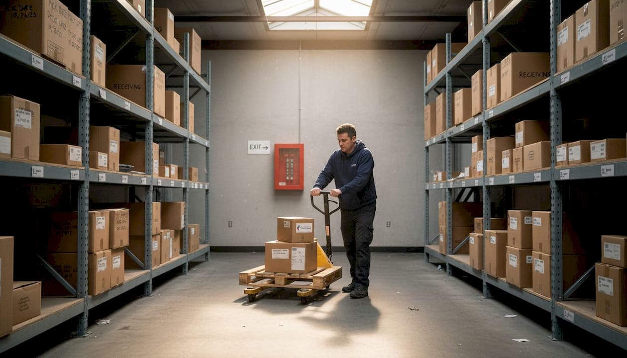 Warehouse worker keeps aisle clear for safety