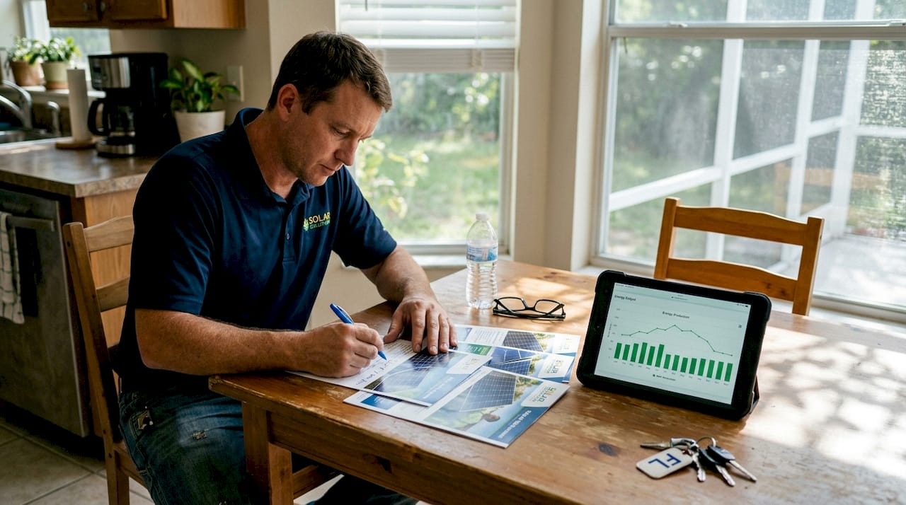 Essential tips for first-time solar buyers in Florida 1 Solar installer comparing panel options at table