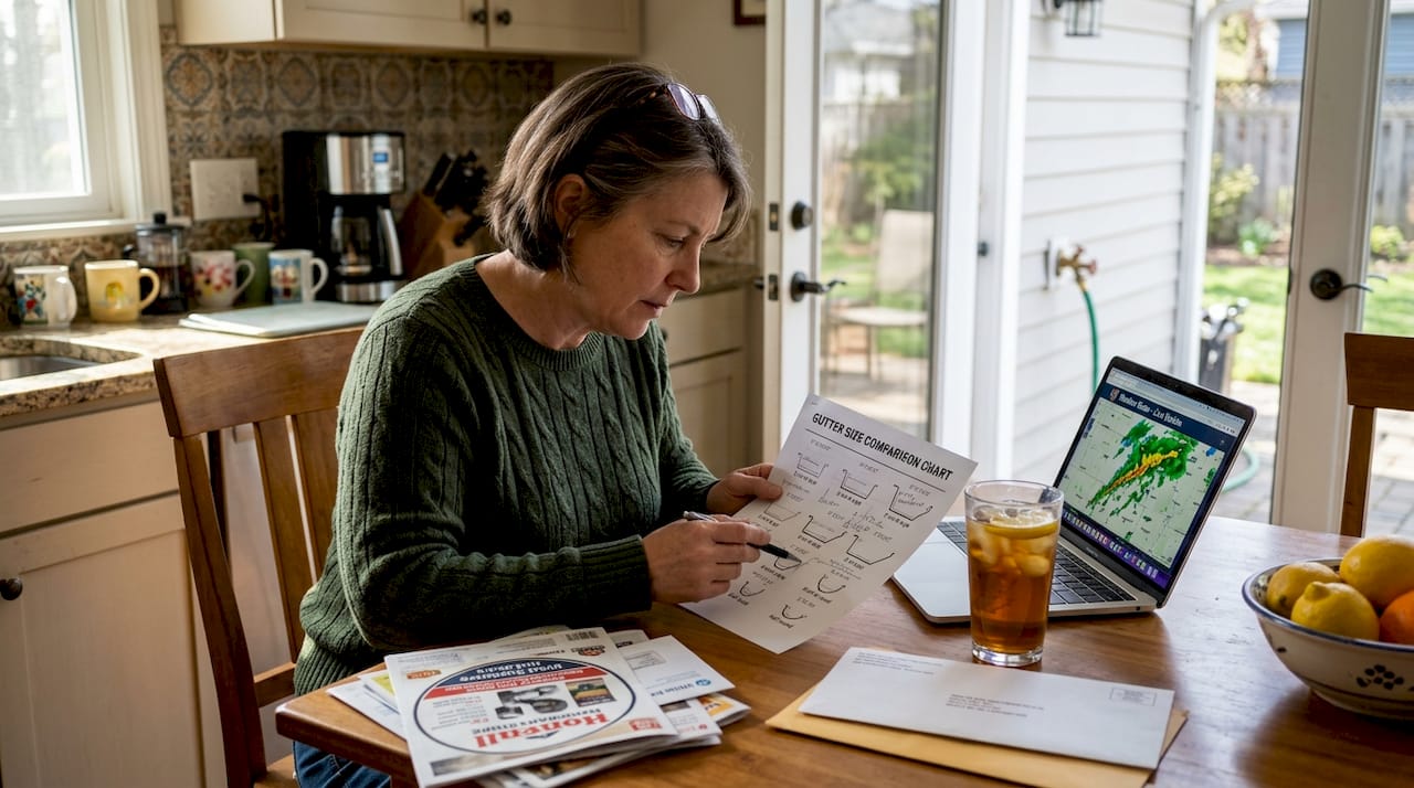 Homeowner reviews gutter size chart in kitchen