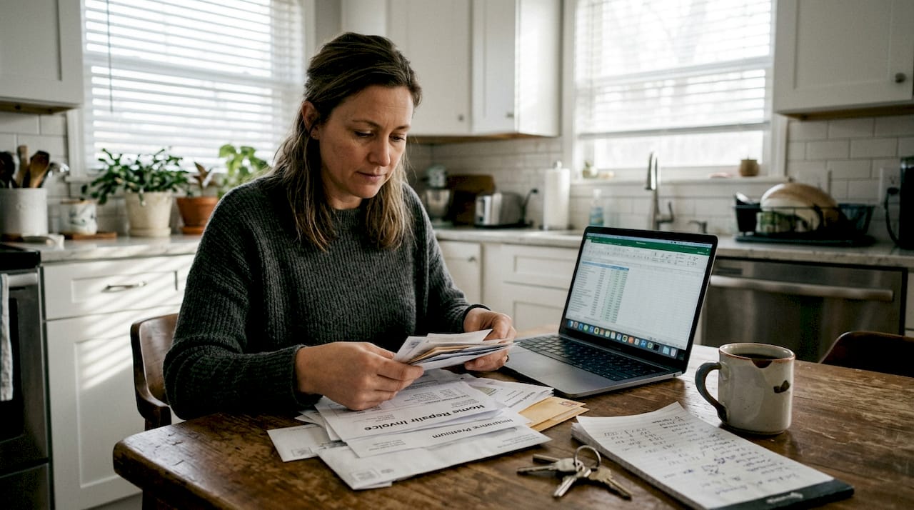 Woman reviews repair bills at kitchen table