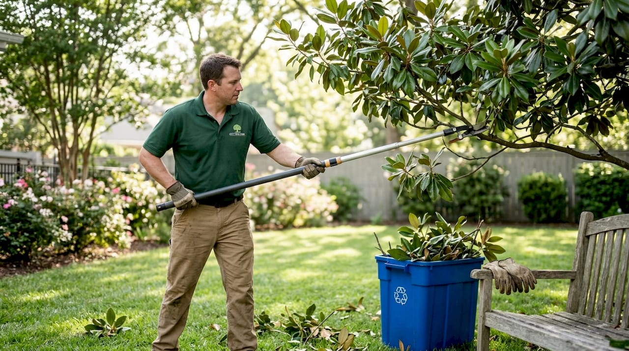 Arborist pruning healthy backyard tree