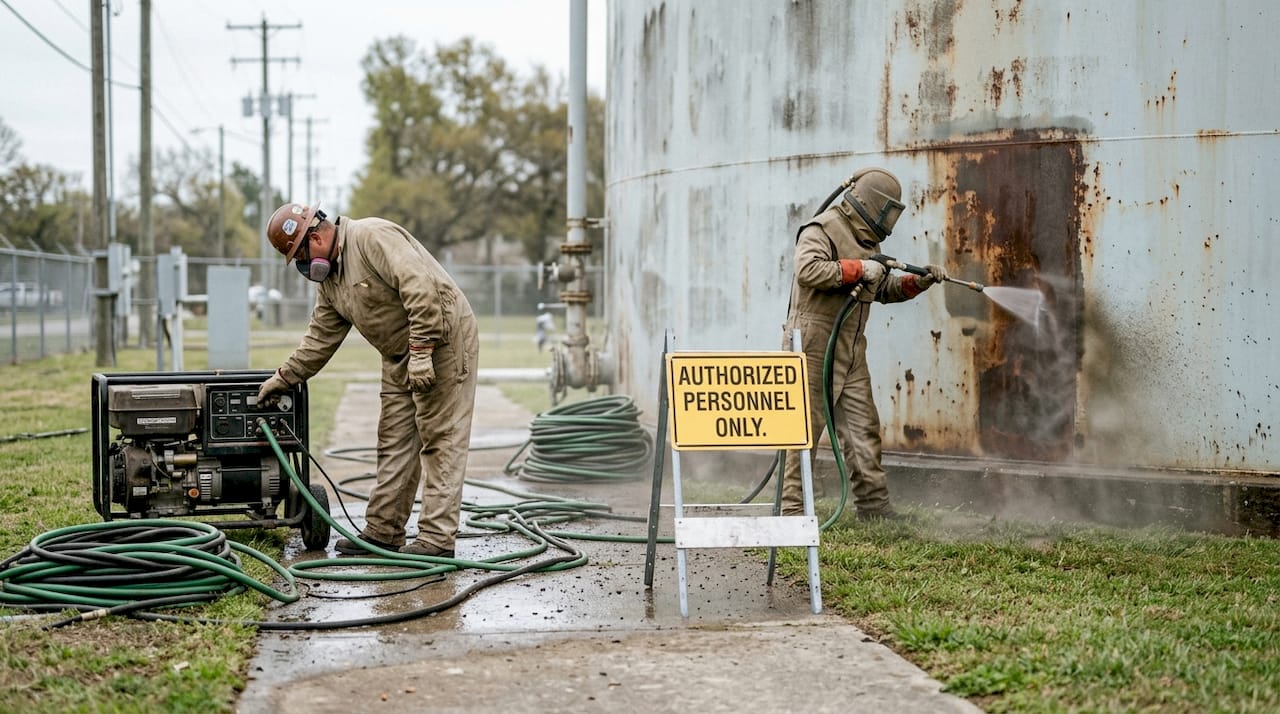 Workers performing safe wet abrasive blasting