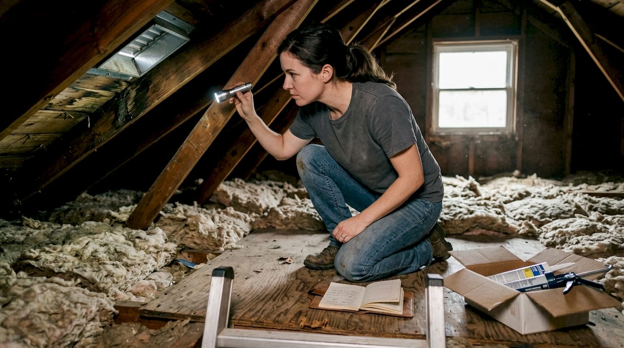 Attic roof leak inspection with flashlight