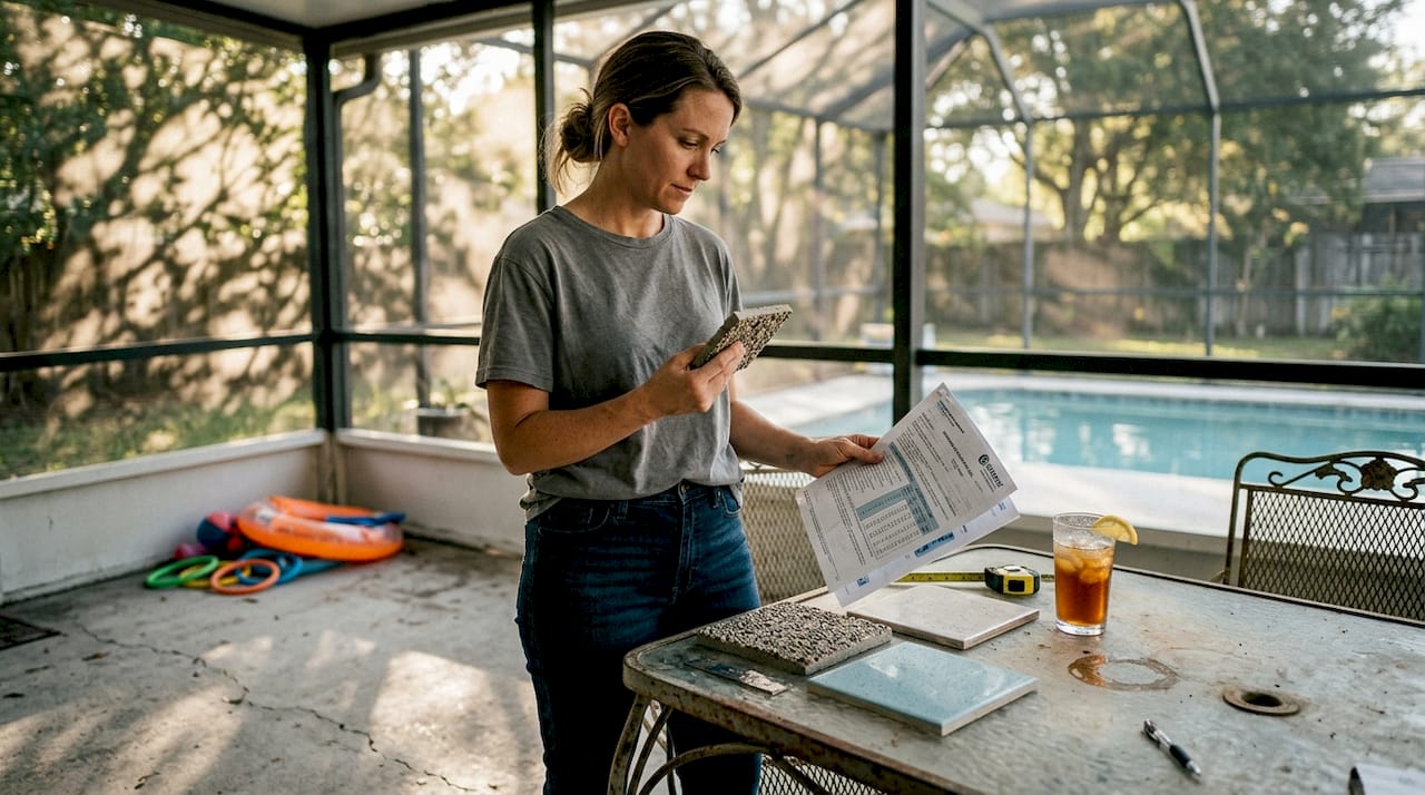 Homeowner comparing pool finish samples