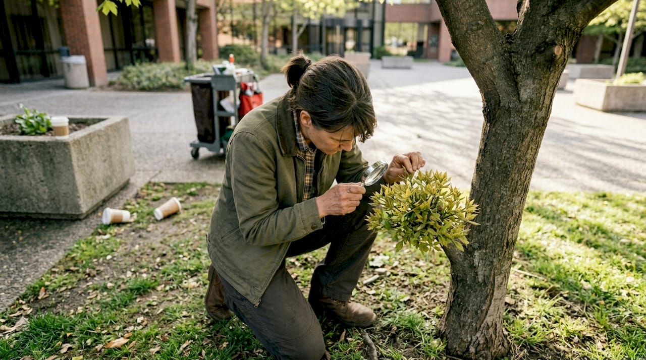 Arborist inspecting healthy pruned tree growth