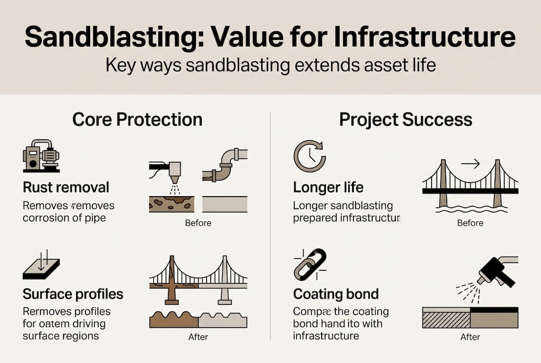 Infographic showing sandblasting benefits and project success