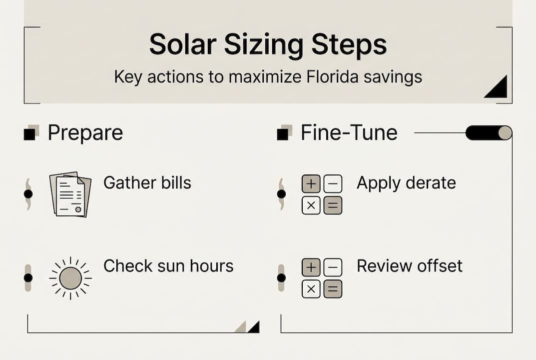 Solar system sizing step by step: maximize Florida savings 2 Infographic of solar system sizing process for Florida
