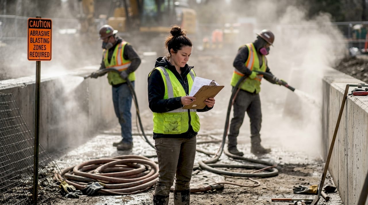Manager observes wet and dry sandblasting operations