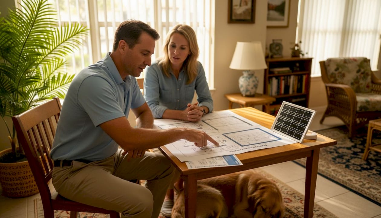 Solar system sizing step by step: maximize Florida savings 1 Consultant discussing solar setup with Florida couple