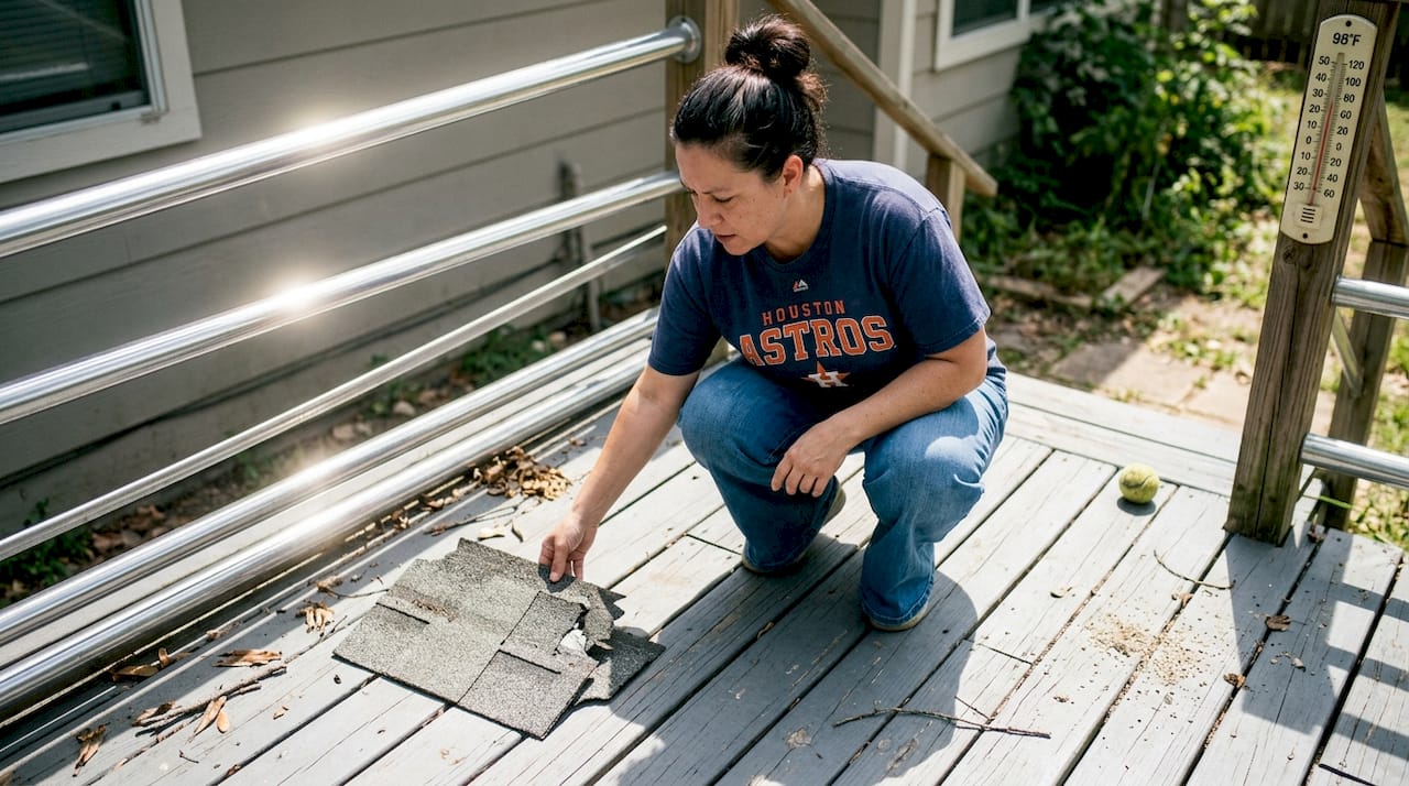 Homeowner examines weather-damaged roof shingle
