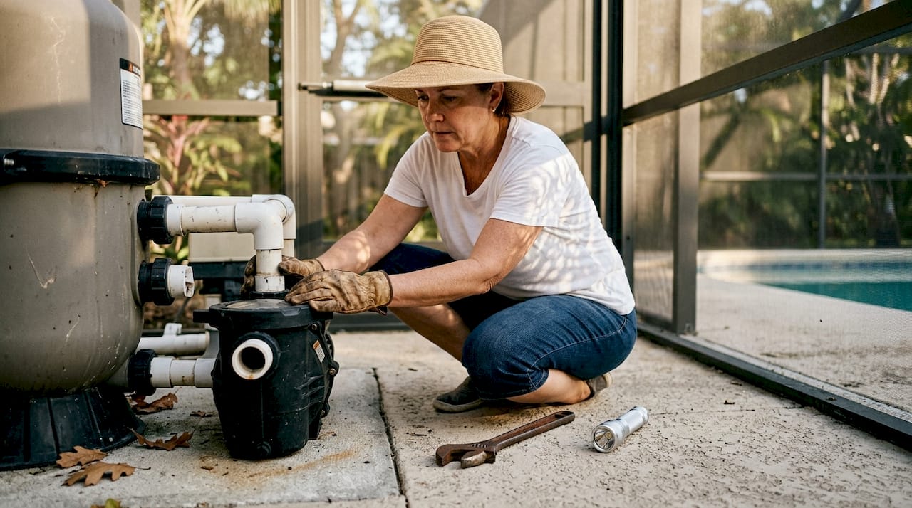 Woman inspecting pool equipment outdoors