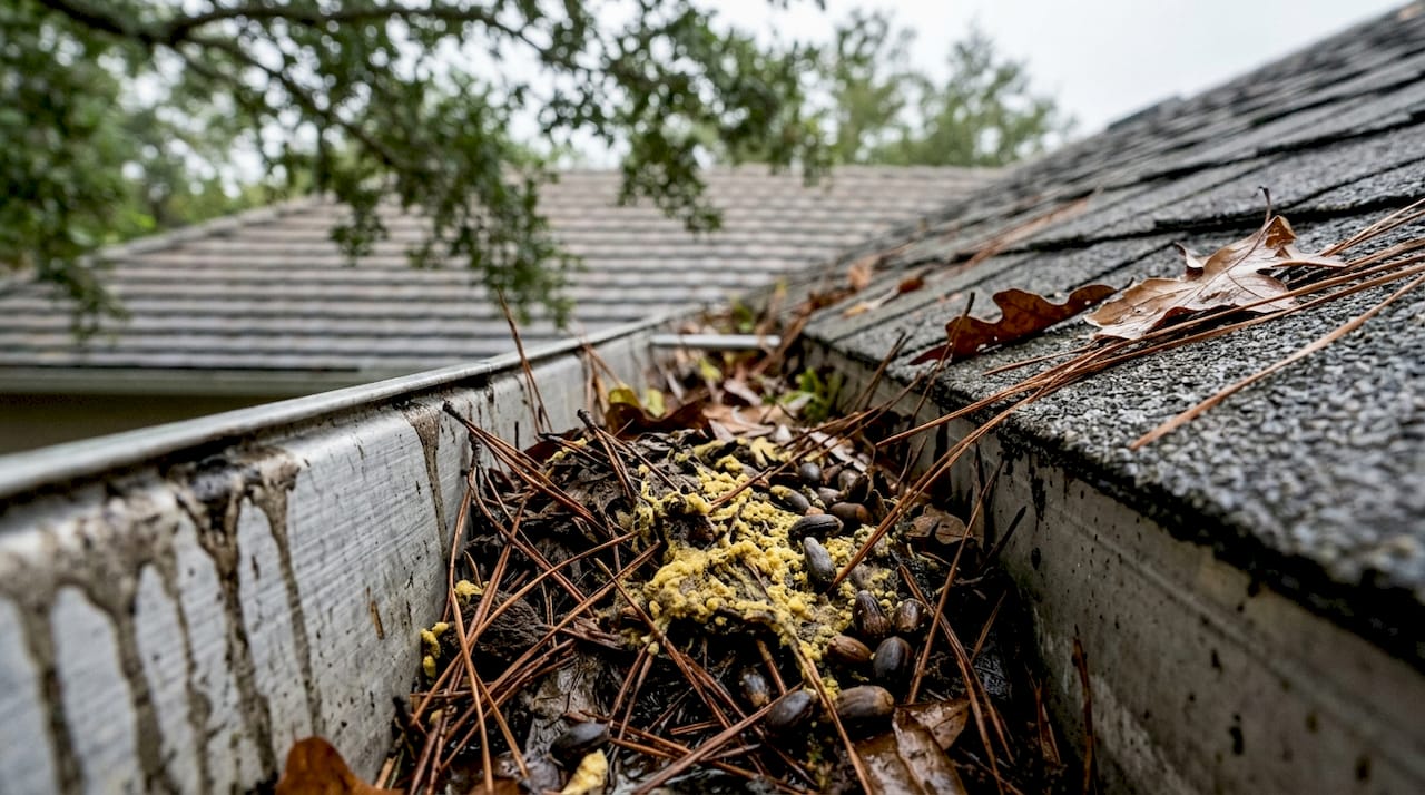 Clogged gutter filled with leaves and pollen