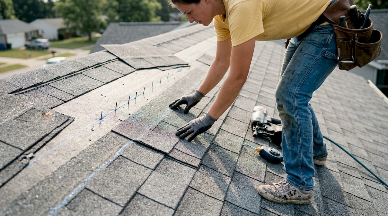 Roofer aligning shingle and nail placement