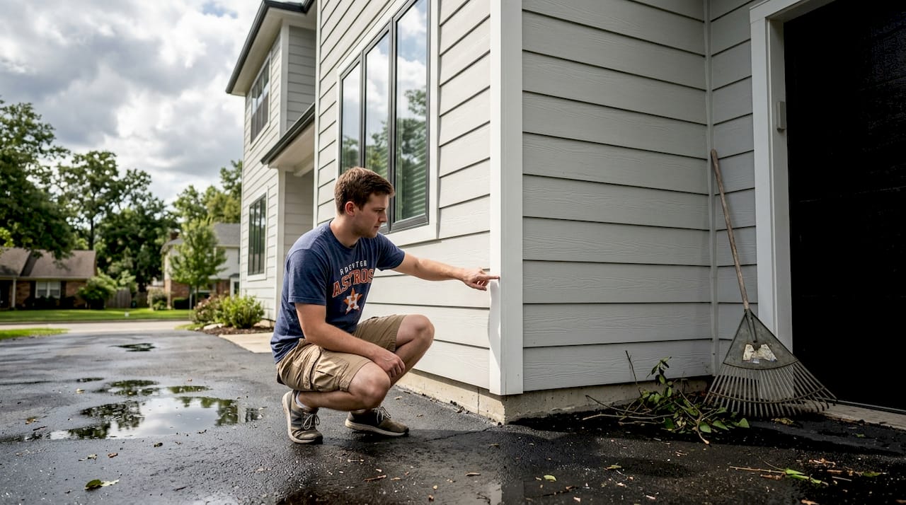 Homeowner inspects siding after storm