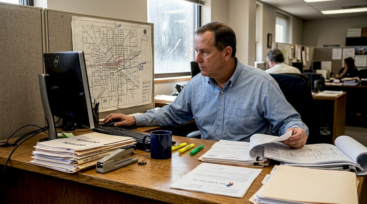 Fire code official reviewing documents in office