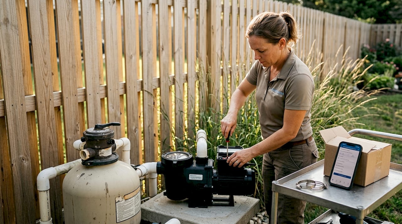 Contractor installing energy-efficient pool pump
