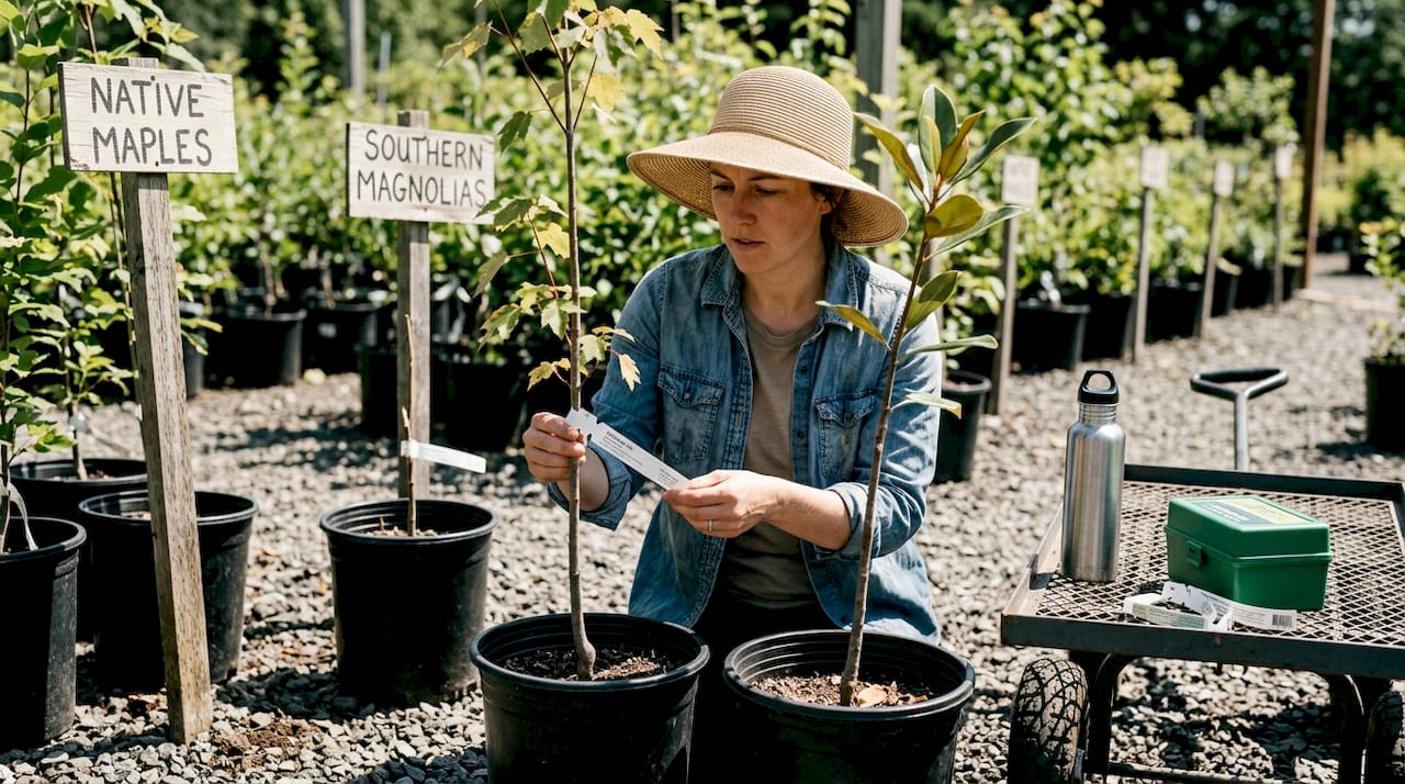 Woman reading tree tags at plant nursery