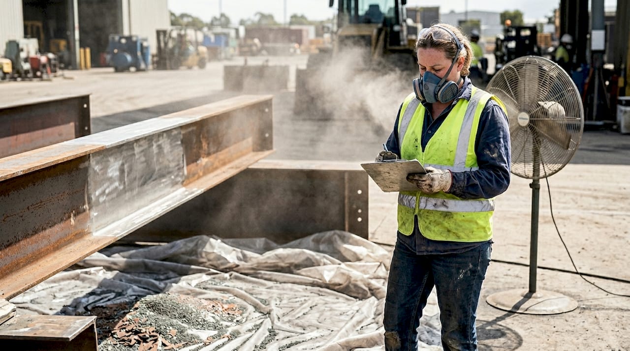 Supervisor overseeing dry blasting on steel beam