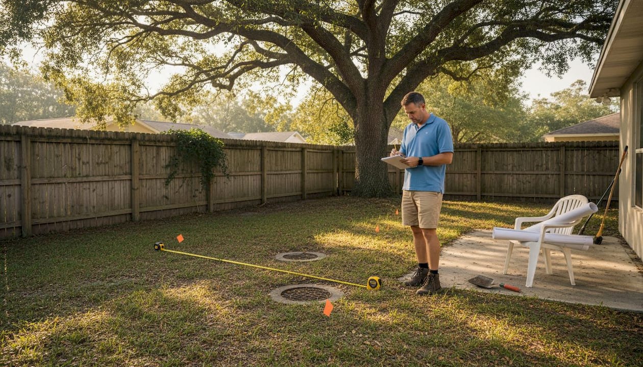 Homeowner measuring backyard for landscaping
