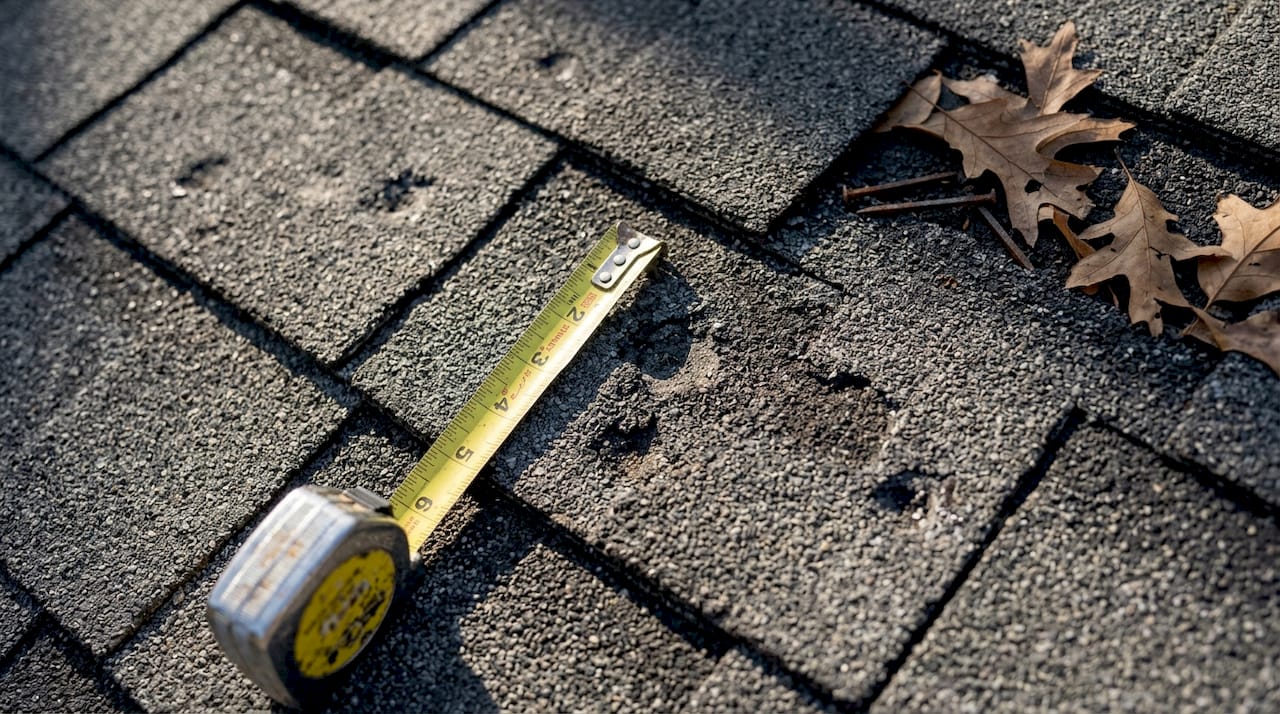Close-up of hail damage on asphalt shingles