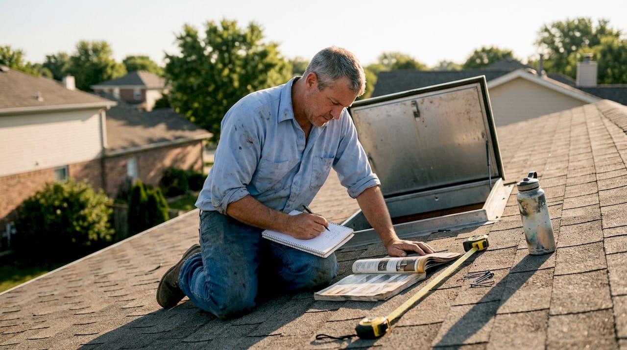 Contractor estimating roof repair on-site