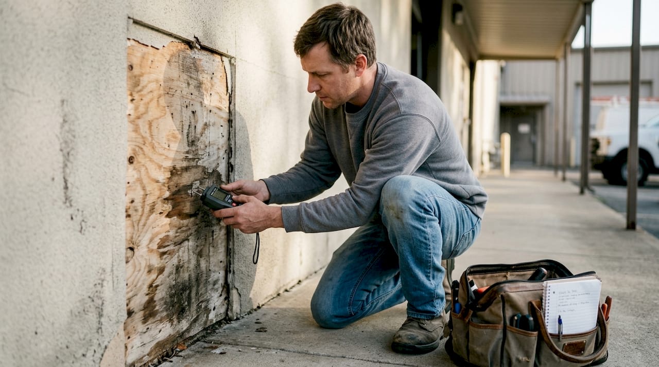 Inspector checks wall with moisture meter