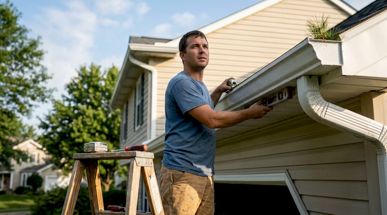Gutter installer checking slope and alignment