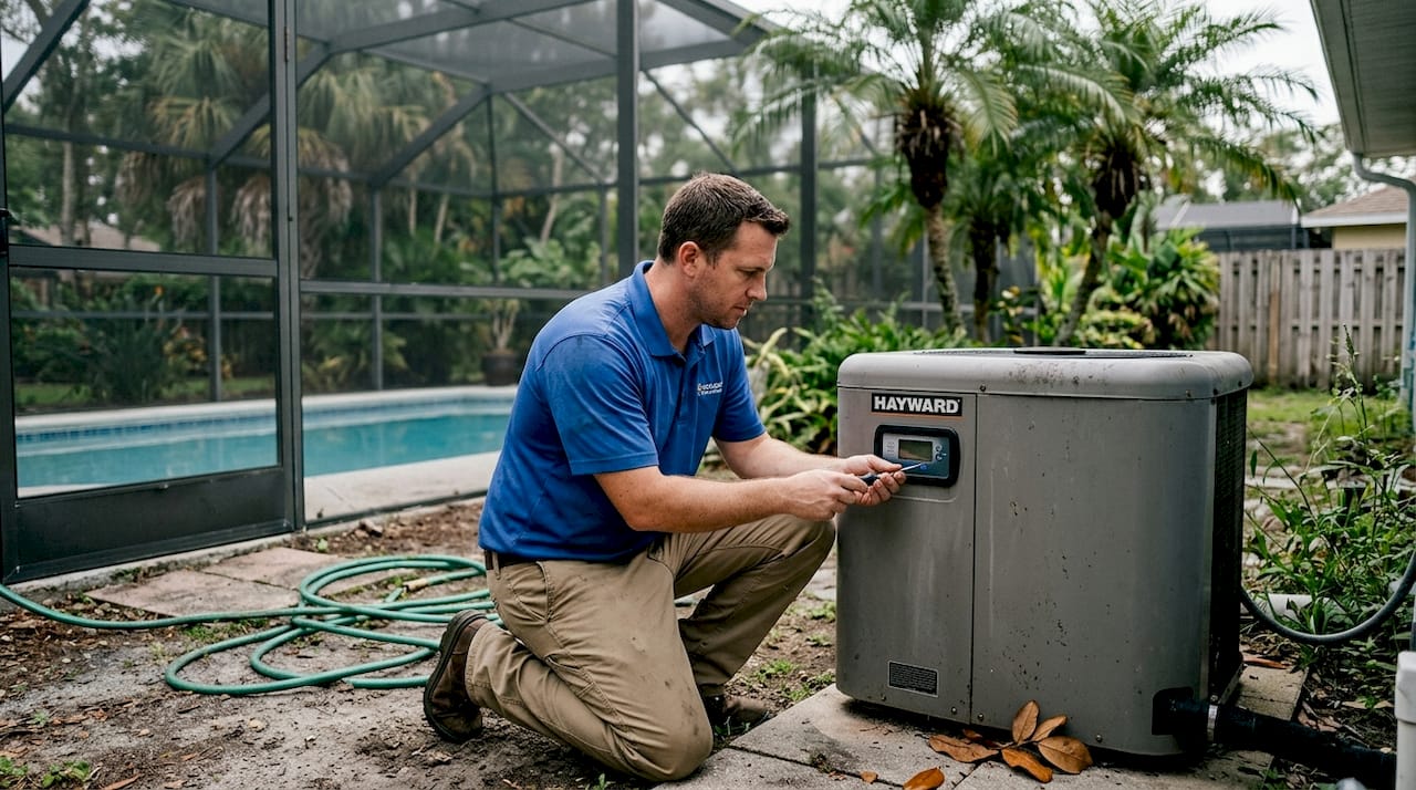 Energy efficient pool options for Central Florida homes 1 Technician servicing pool heat pump in Florida