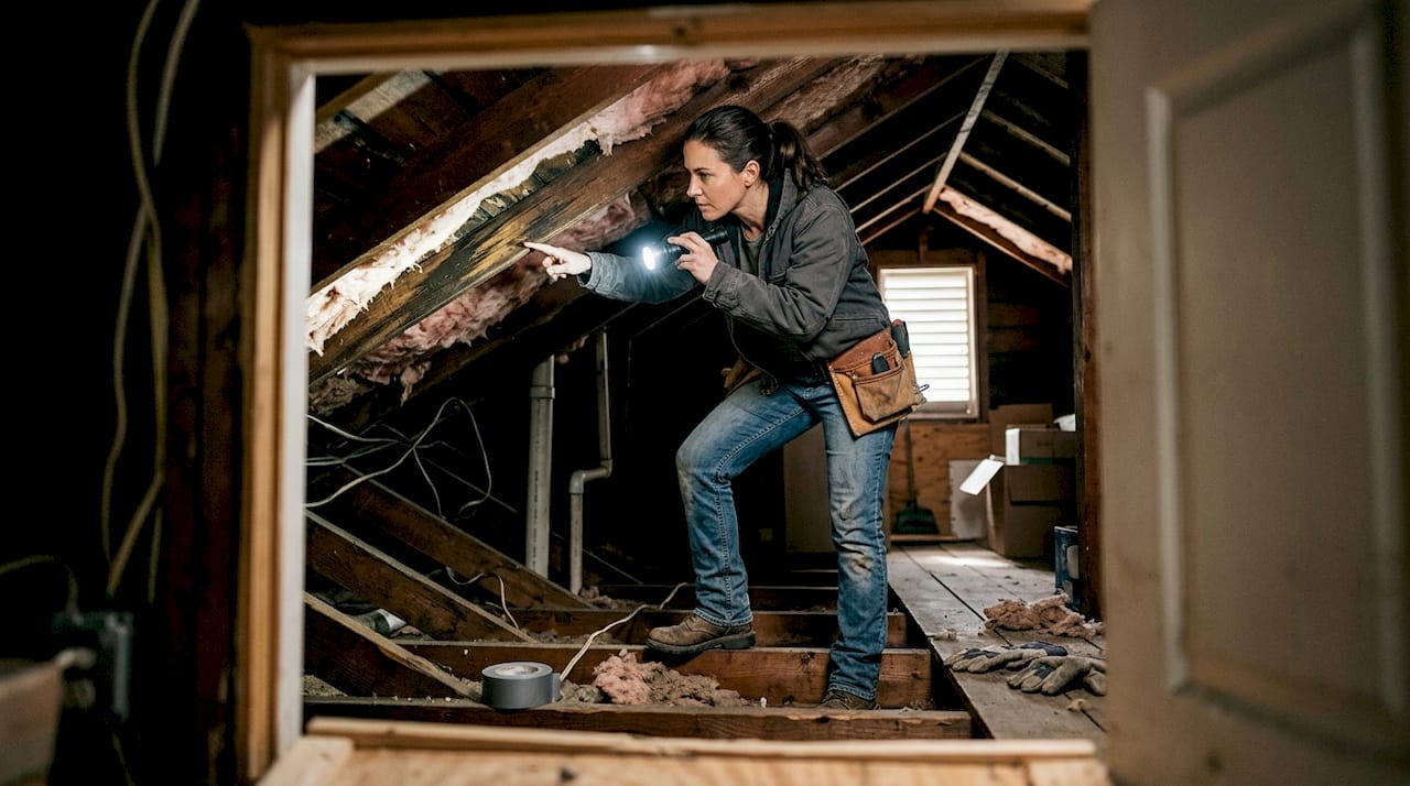 Contractor examines attic during home roof check