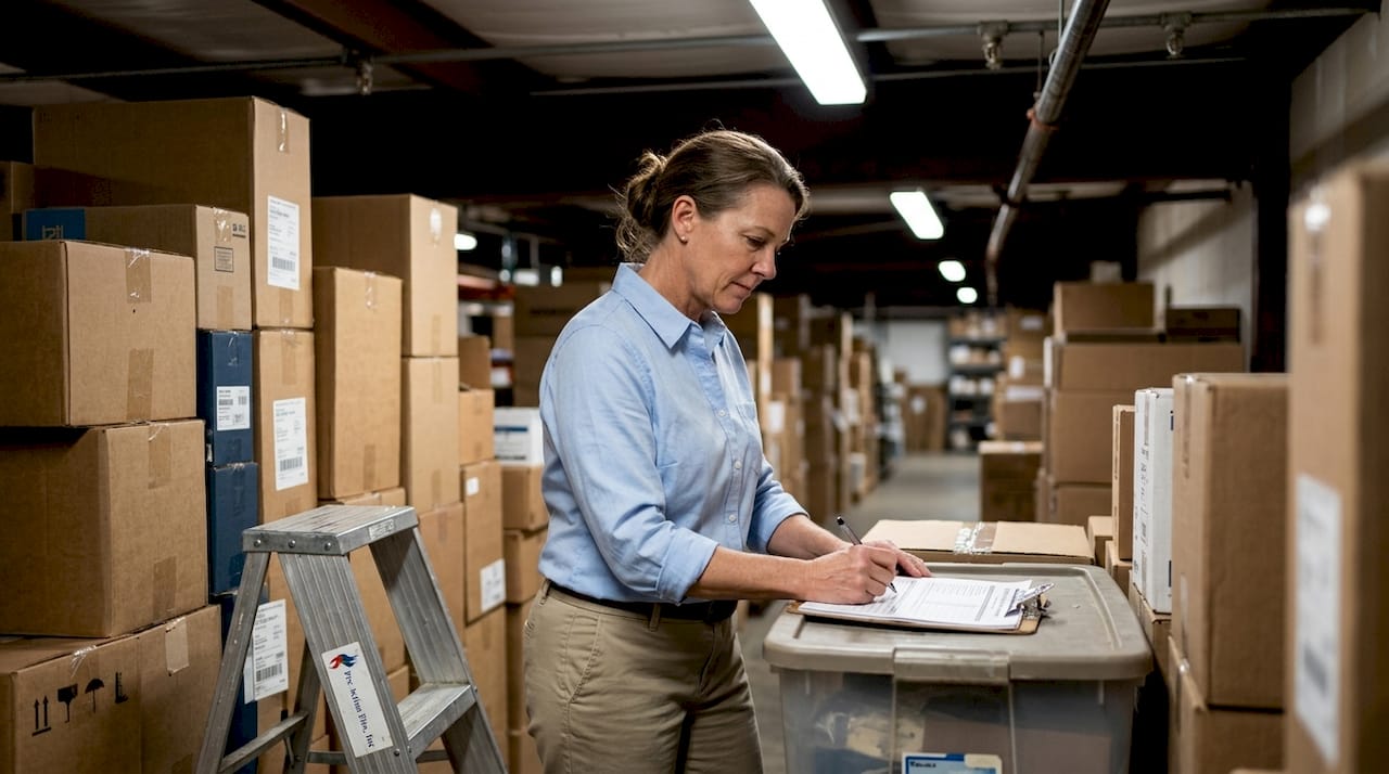 Manager marks inspection checklist in warehouse