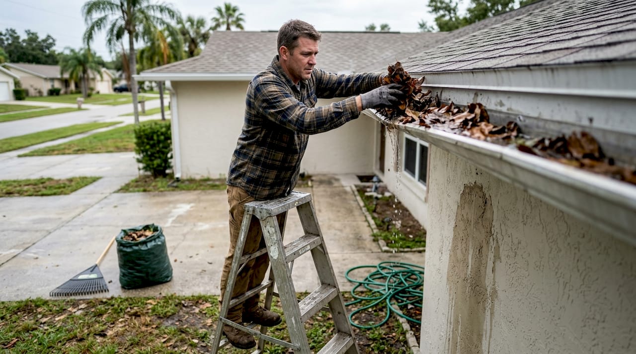 Contractor clearing clogged Florida home gutter