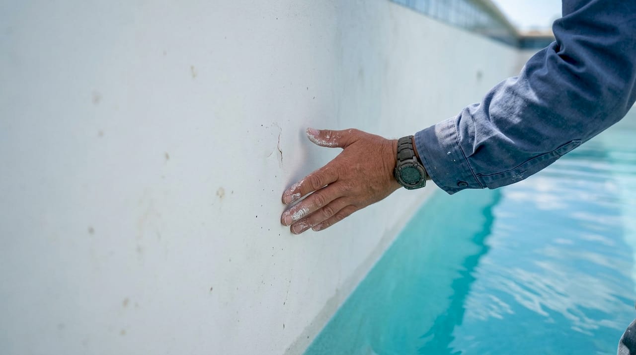 Technician’s hand on smooth white pool plaster