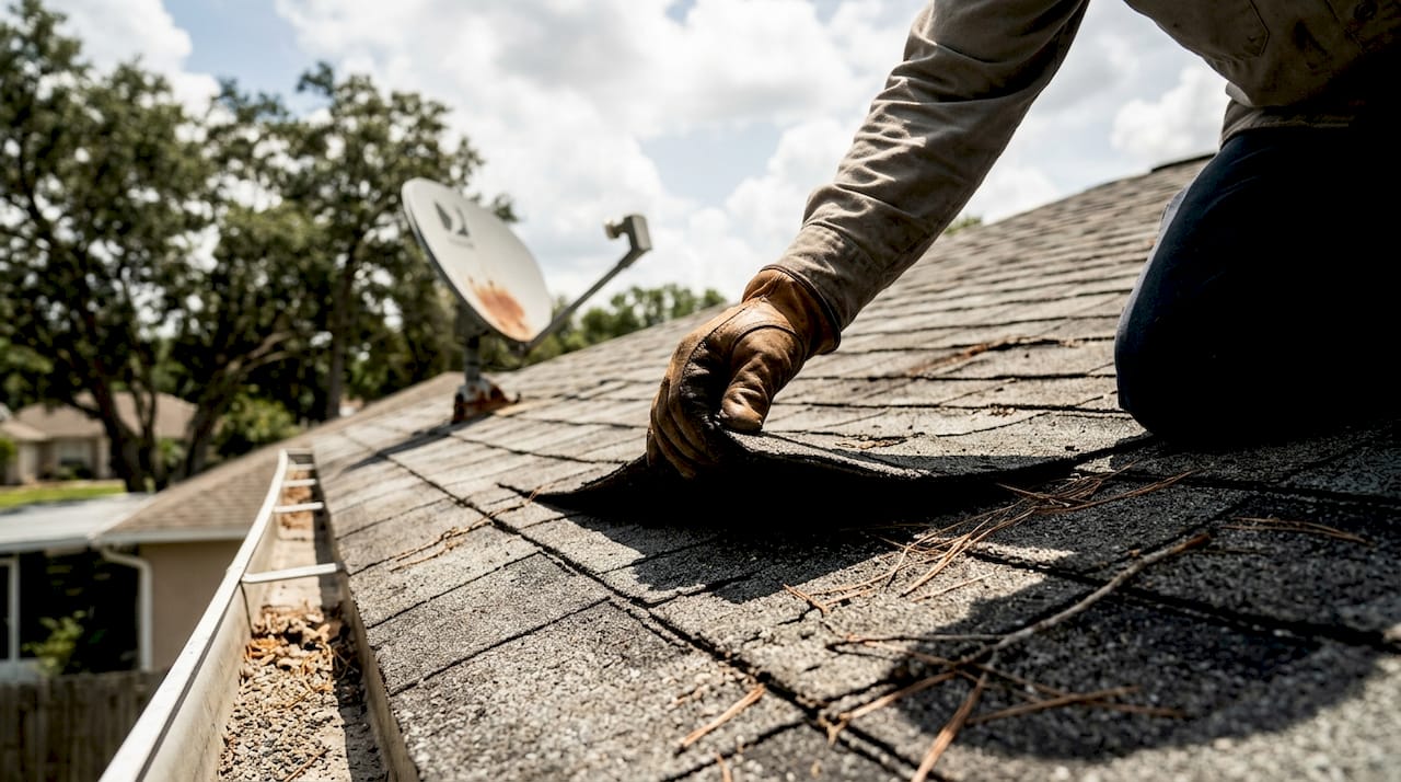 Gloved hand inspects damaged asphalt shingle