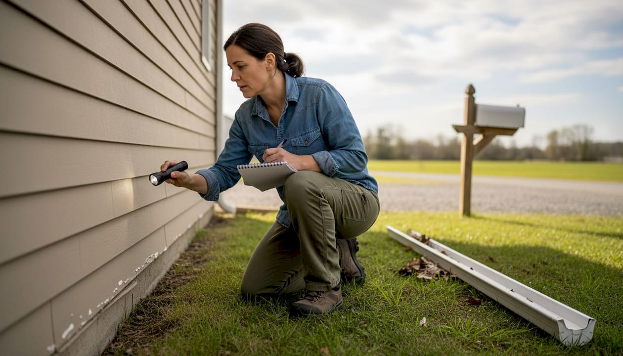 Homeowner inspecting siding before storm season